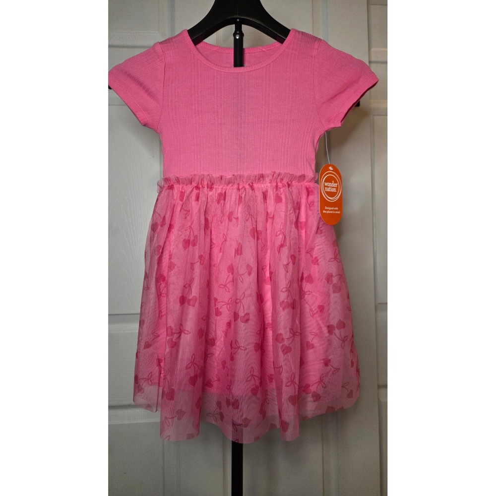 Wonder Nation Girls Pink Heart Cherry Tulle Tutu Dress Short Sleeve Size XS 4-5